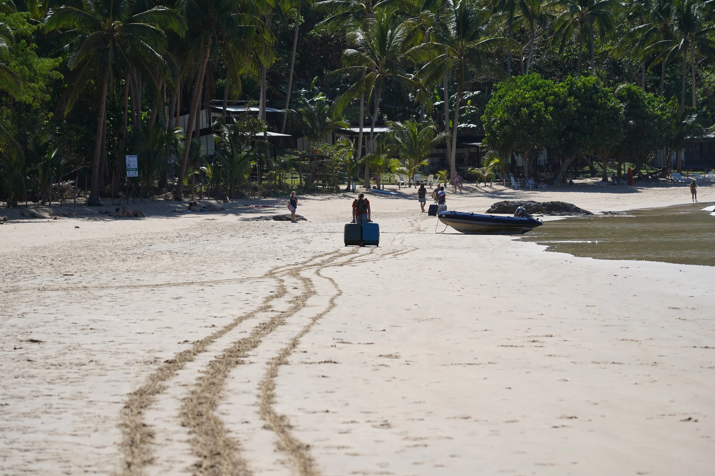 Playa con árboles y personas cargando maletas y preparando un bote.