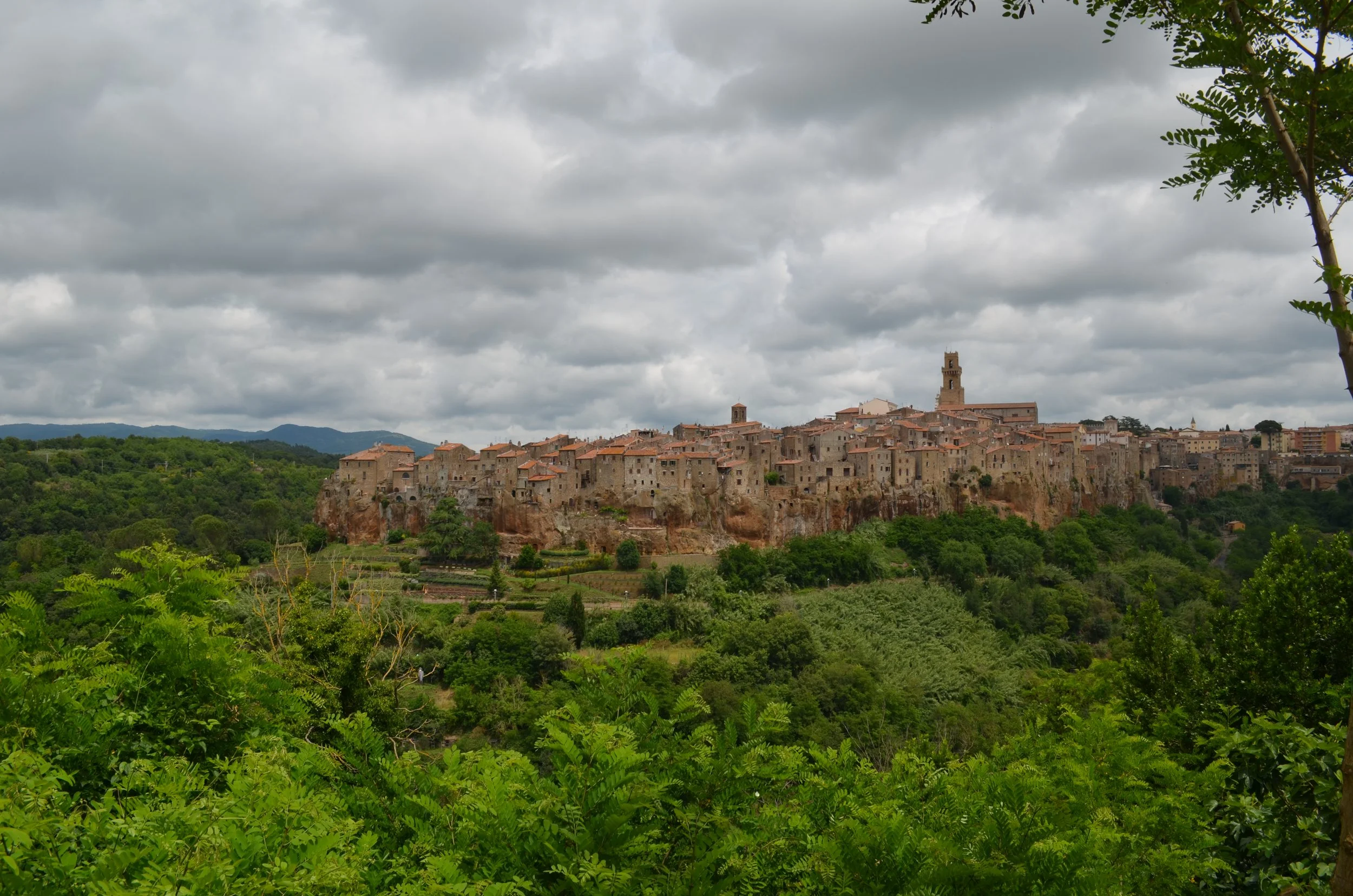 Vista panorámica de una ciudad antigua construida sobre un acantilado de piedra, rodeada de vegetación verde y árboles, con un cielo nublado.