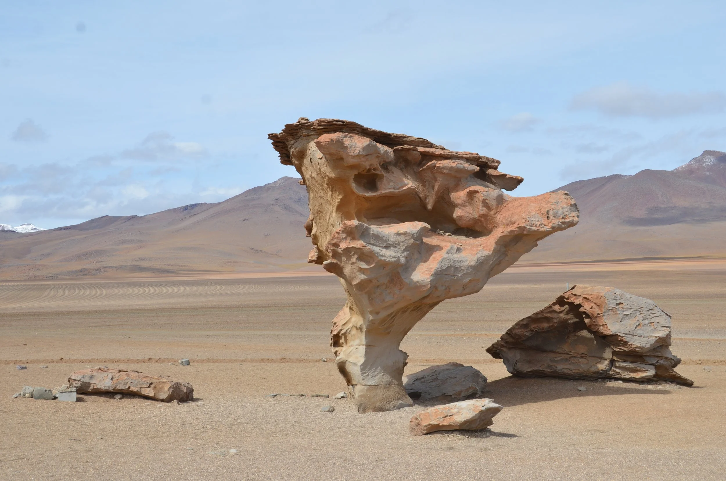 Roca de forma extraña en un desierto con montañas al fondo