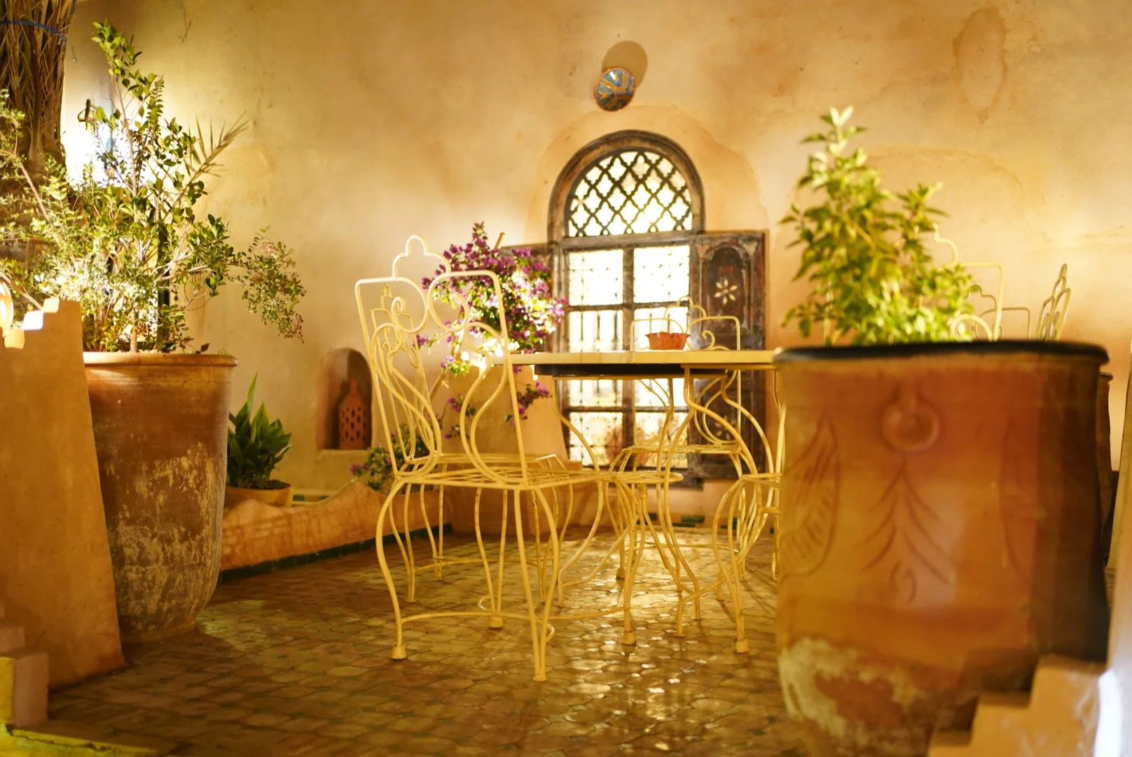 Jardín con macetas grandes, mesas y sillas de hierro, plantas verdes, y ventana con reja en una pared amarilla