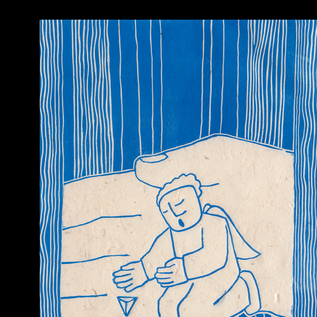 Linocut of an angel, kneeling on the floor in a deep blue wood next to a giant's hand, with eyes closed and mouth open, reaching toward a small star.