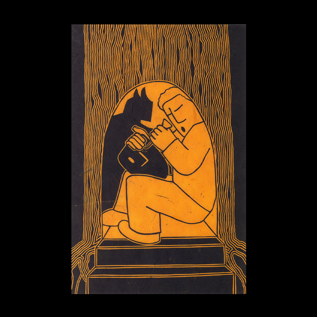A linocut of a person sitting on a block within a tree, chiseling a mask out of marble, with a patterned background in orange and black.