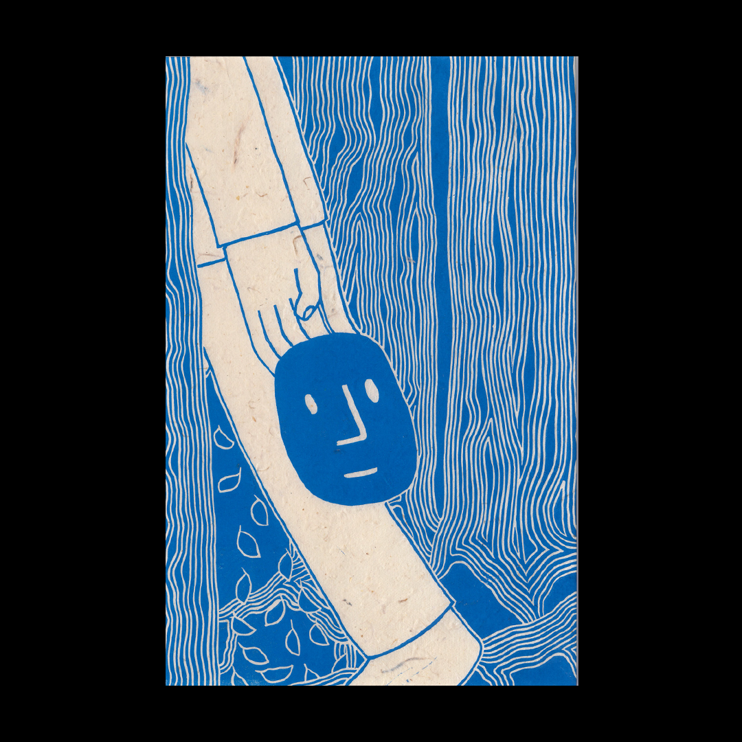Linocut of a person holding a blue mask with a face, set against a background in a blue forest. 