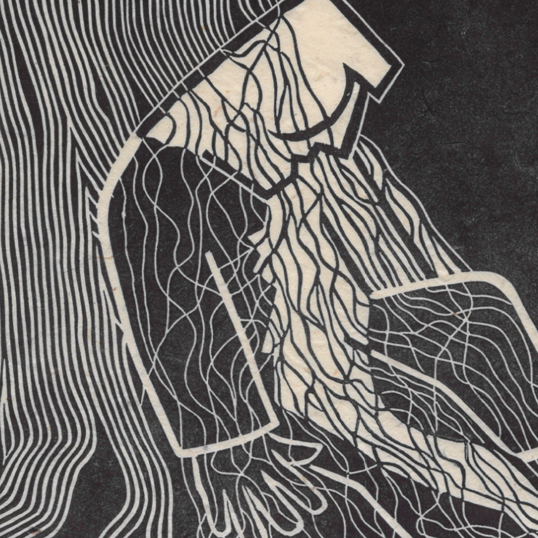 The forest god Pan sits in a black and white woodland setting, lines flowing over him.