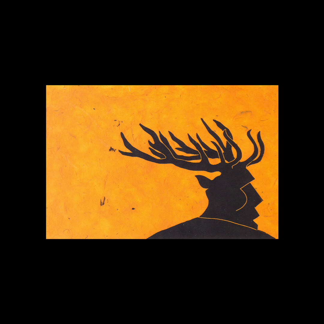 Silhouette of a person's profile with antlers extending from their head, set against an orange background.