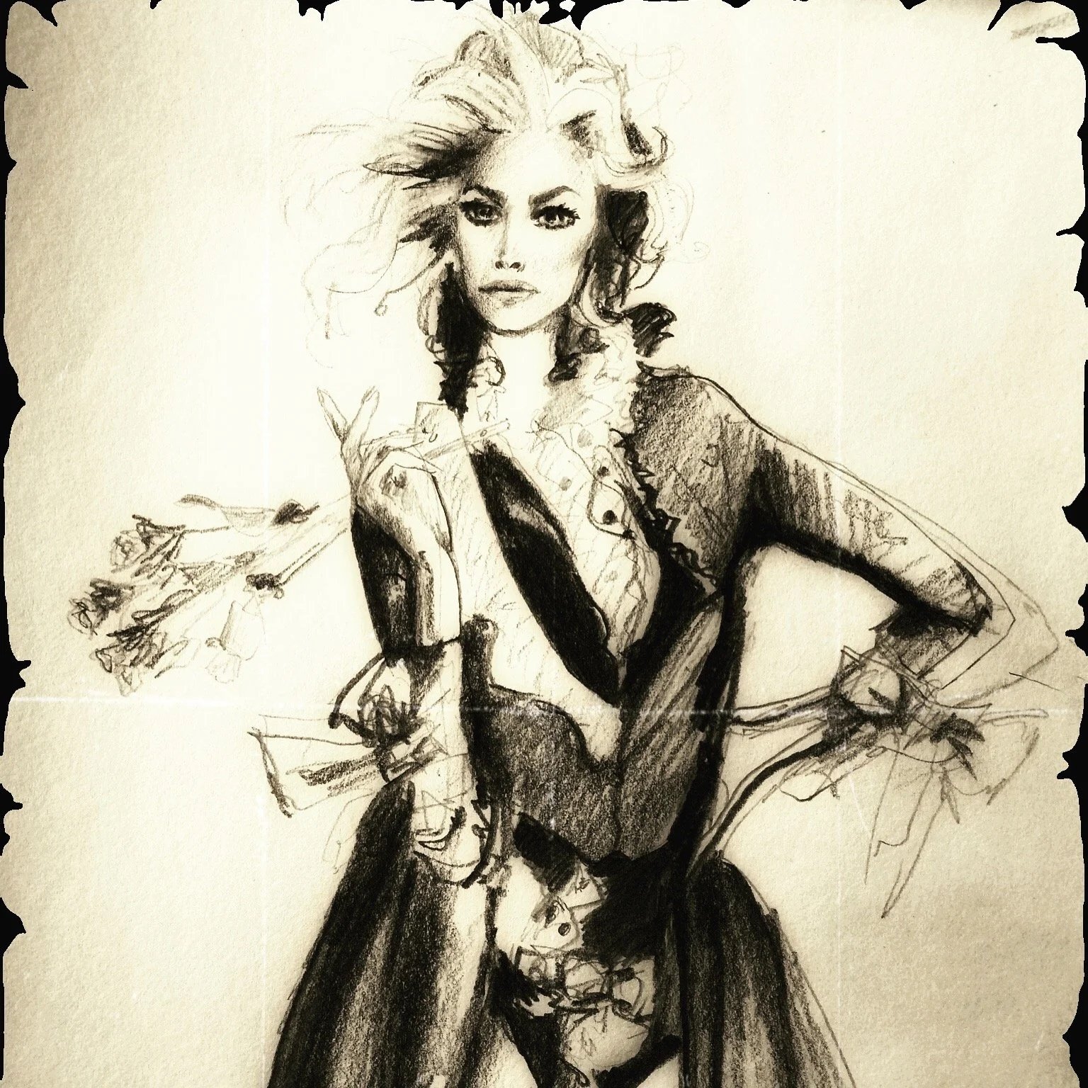 Sketch of a woman with styled hair, wearing a jacket with lace accents, holding a cigarette, and standing confidently with one hand on her hip.