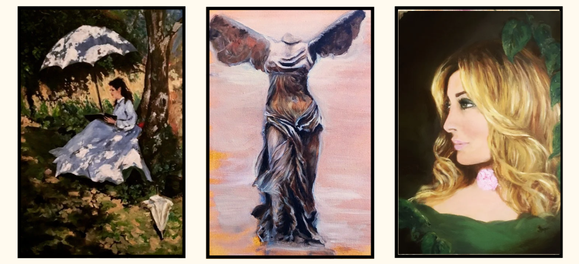 Three paintings, from left to right: a woman sitting under a tree reading a book with an umbrella; a stylized painting of the statue of David with lack of detail; a portrait of a woman with blonde wavy hair and a pink flower near her neck.