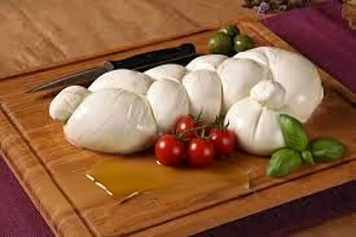 Fresh Puglian mozzarella treccia and burrata with tomatoes and basil. Authentic culinary experiences and food tours in Southern Italy curated by Puglia Gateway.