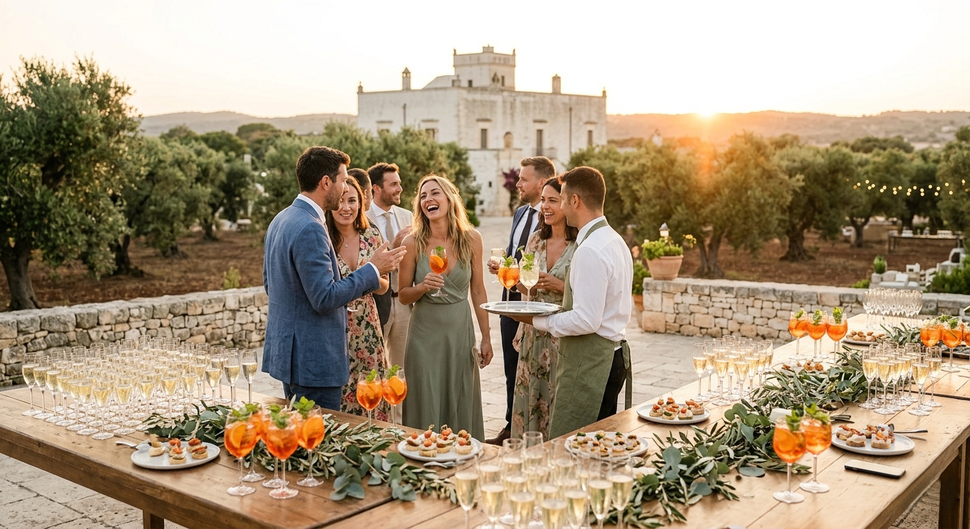 Forget the traditional 8-hour marathon lunch. We design modern wedding timelines in Puglia with elegant sunset cocktails and parties under the stars.