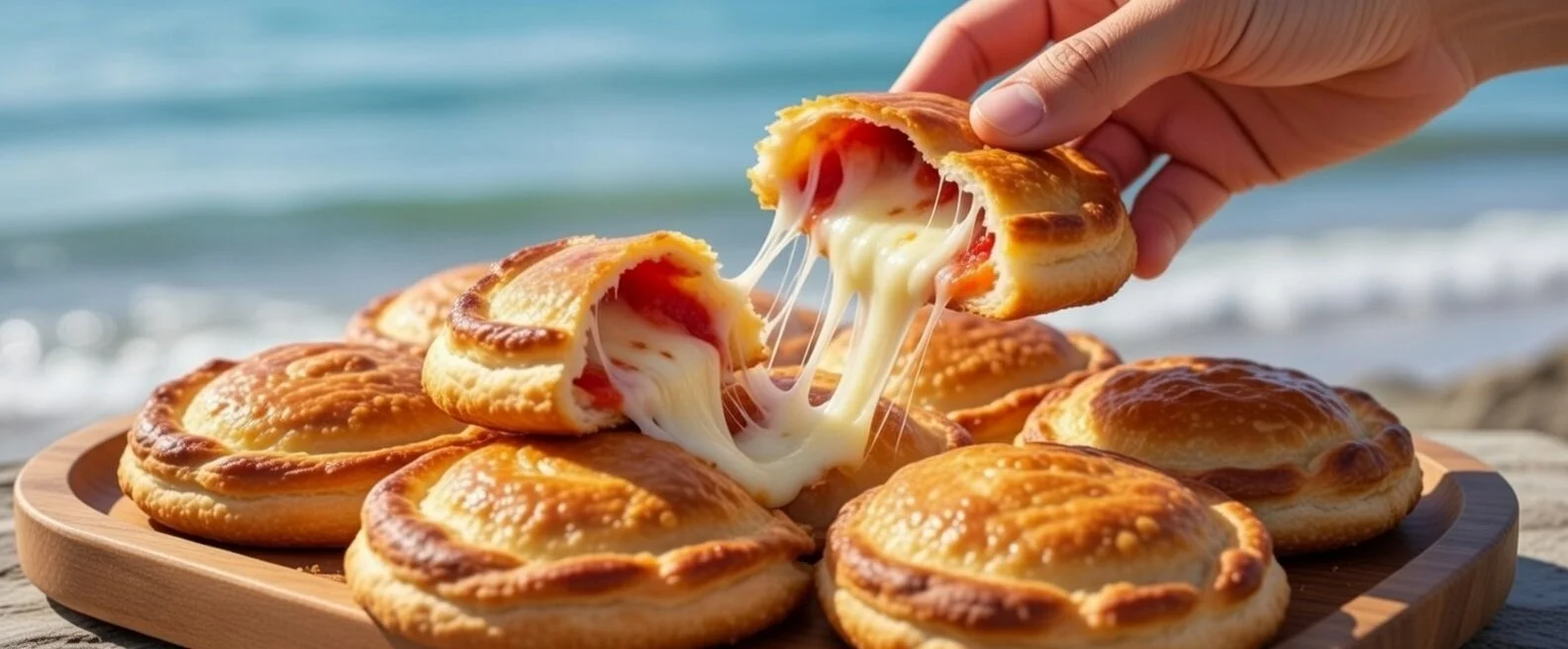 Traditional Rustico Leccese, a golden puff pastry filled with creamy bechamel, mozzarella, and tomato. An authentic savory snack from Salento, Puglia.