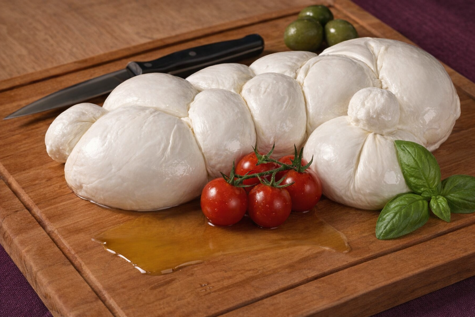 Fresh Puglia burrata and mozzarella cheese served on a wooden platter, authentic Italian appetizer.