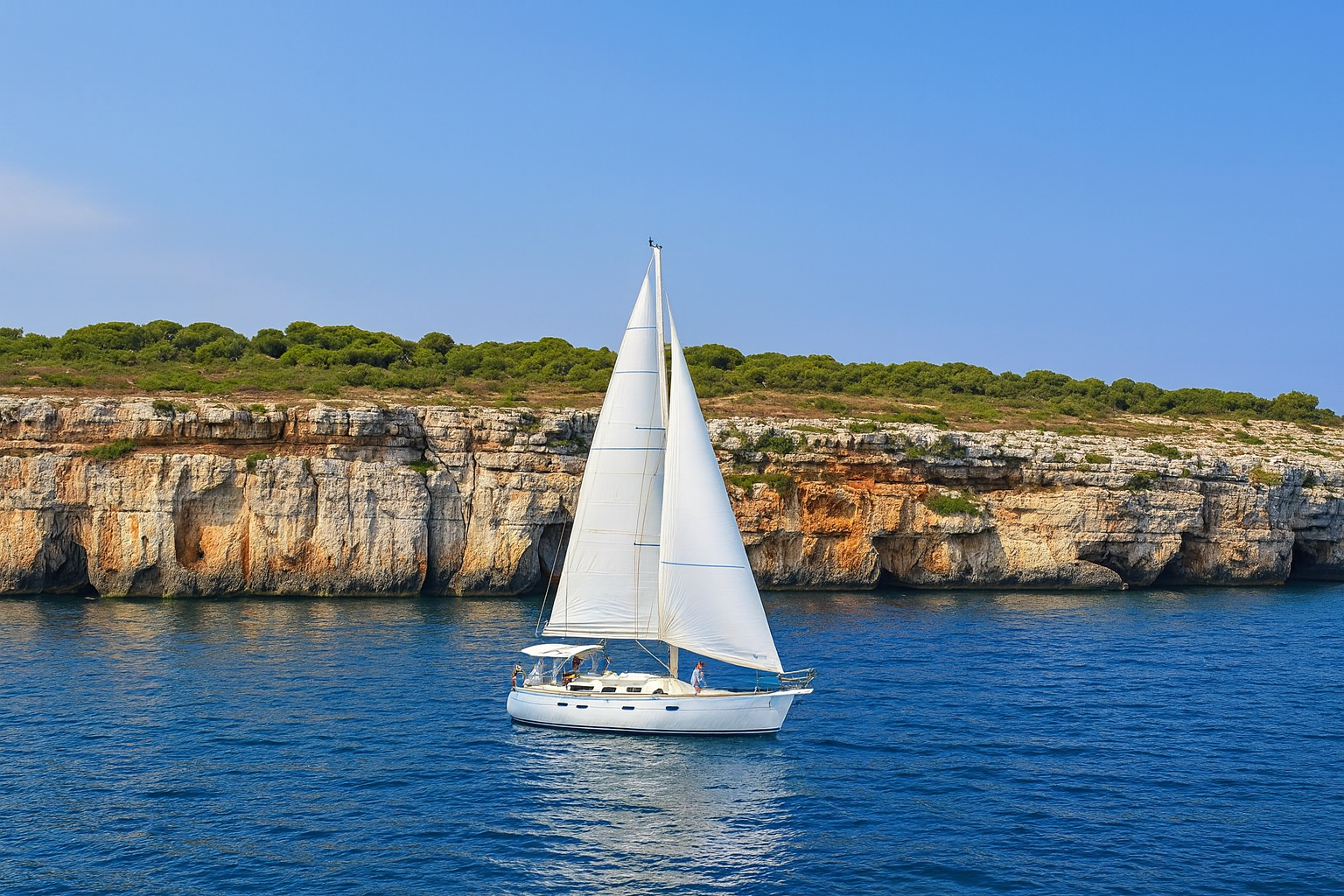 A sailboat with white sails on a calm blue sea near rocky cliffs with green shrubs.