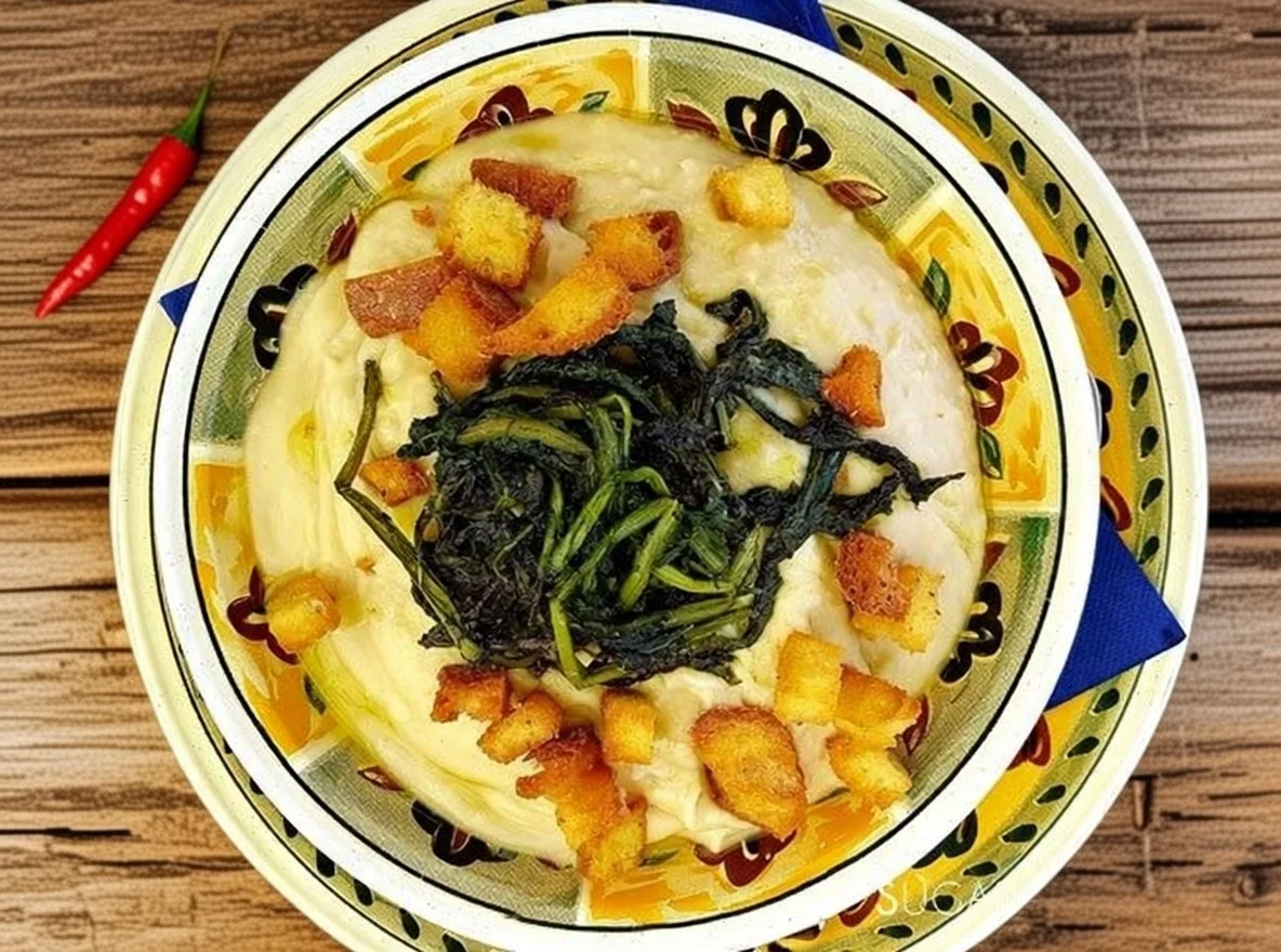 Authentic Fave e Cicorie, a traditional vegan-friendly fava bean and chicory specialty from Puglia, Italy.