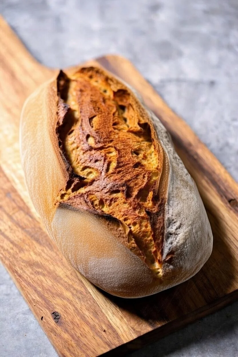 Traditional sourdough Pane di Altamura PDO from Puglia, featuring a crunchy golden crust and soft yellow heart.