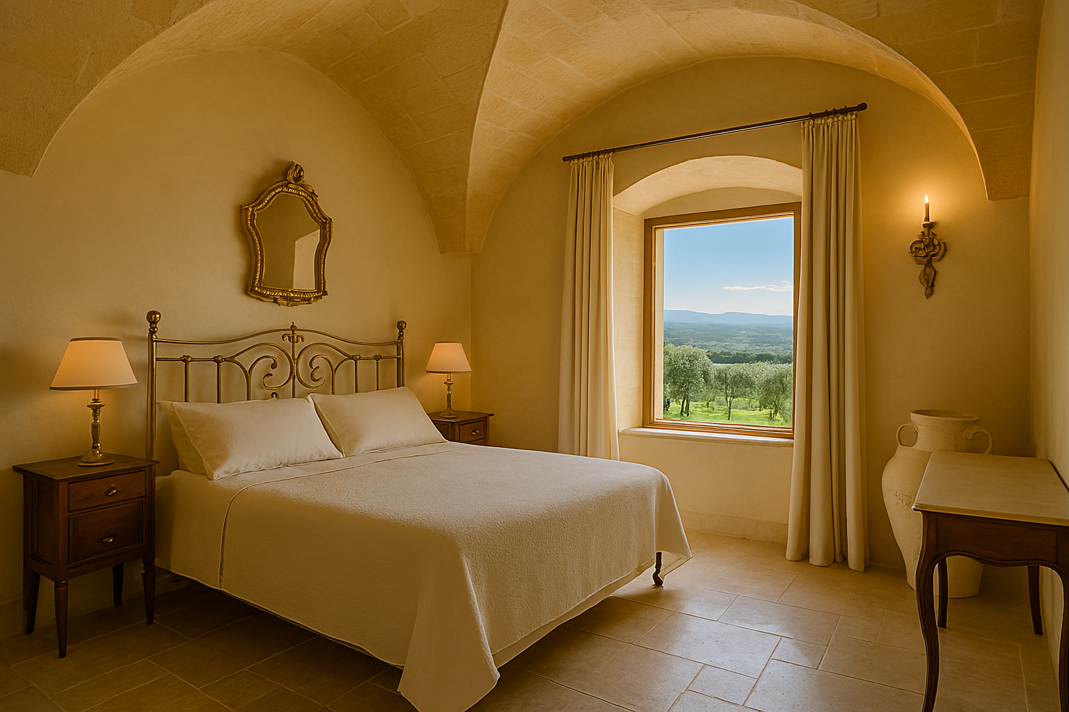 Traditional vaulted stone bedroom in a restored historic farmhouse, Puglia Gateway selection.