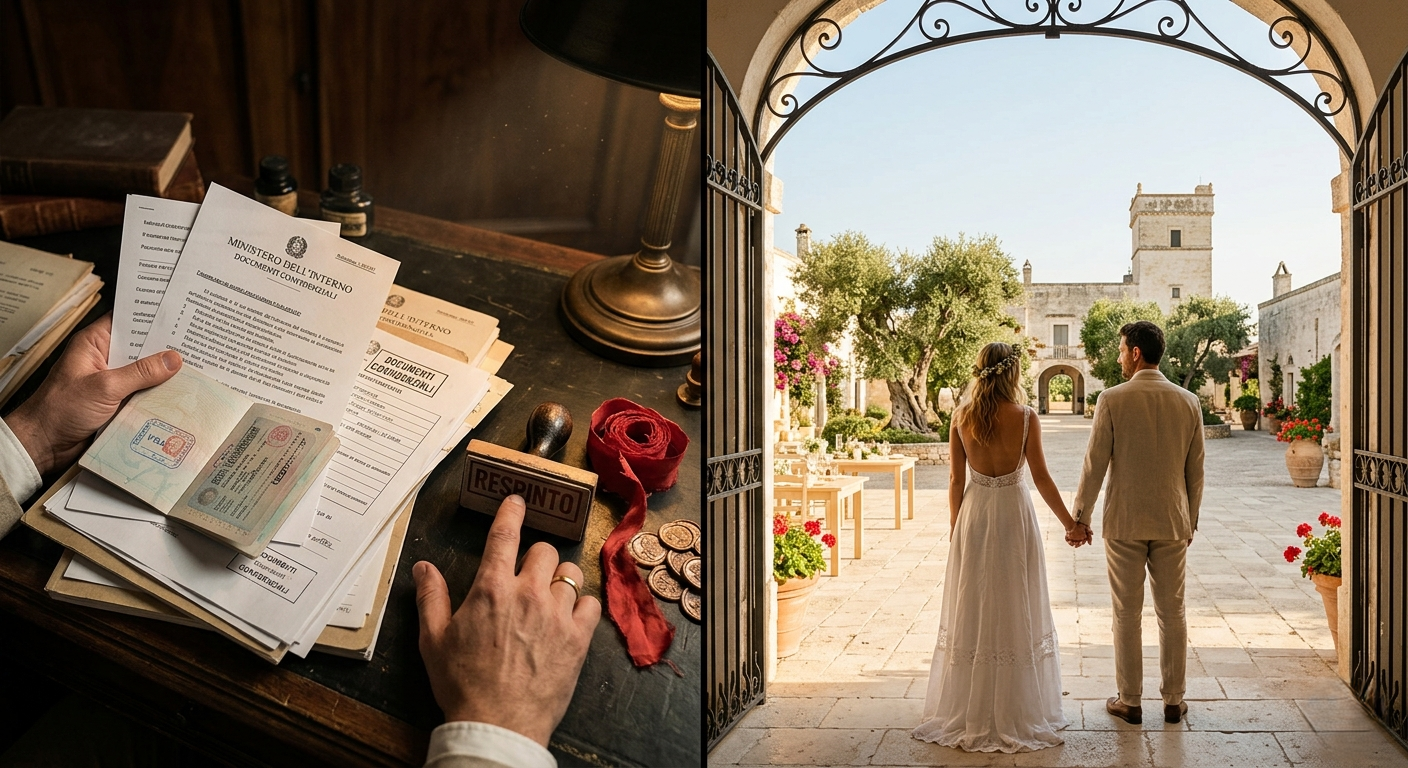 Split-screen comparison: complex Italian wedding 'Nulla Osta' paperwork and stamps on the left, vs. a stress-free luxury wedding at a private Puglia Masseria on the right, managed by Puglia Gateway.