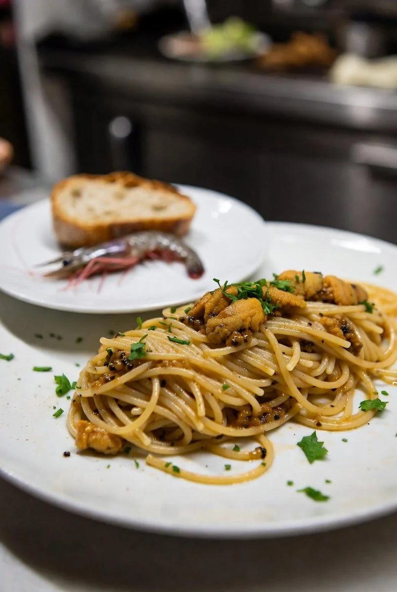Spaghetti with fresh sea urchin and Gallipoli purple prawns. Authentic seafood dining and luxury culinary tours in Salento, Italy, by Puglia Gateway.