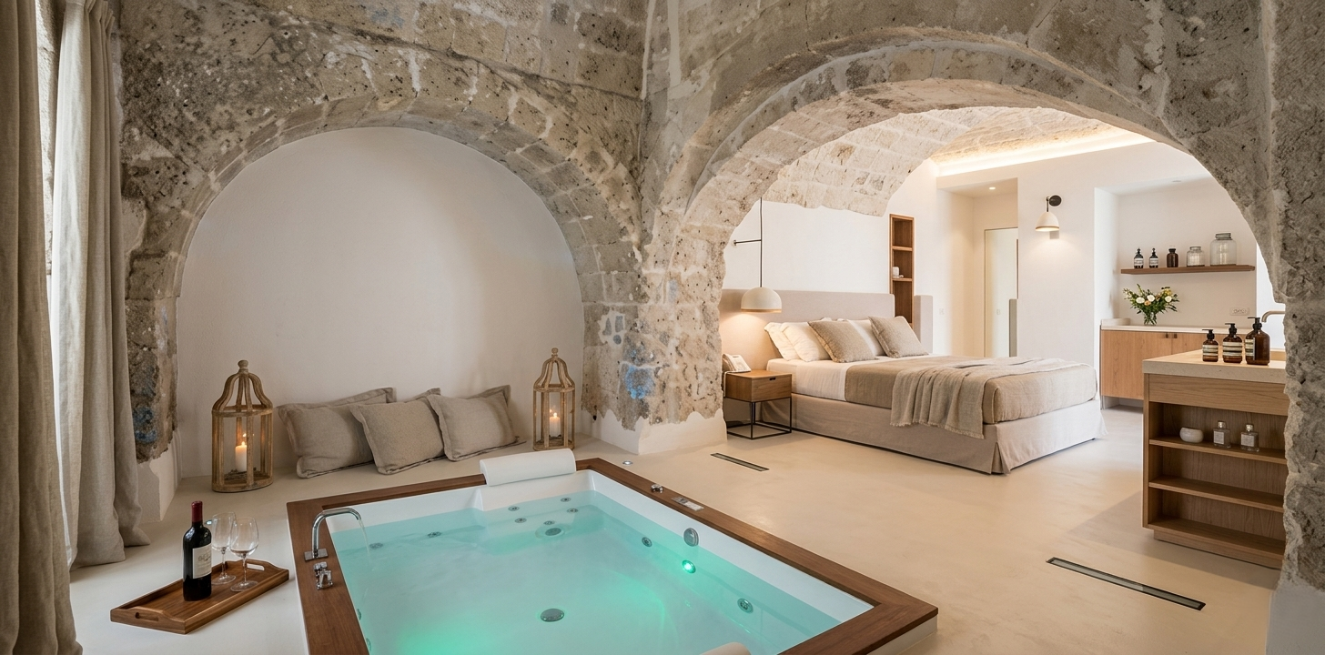 Cozy stone and rattan patio with olive grove views: your relaxing break in Puglia