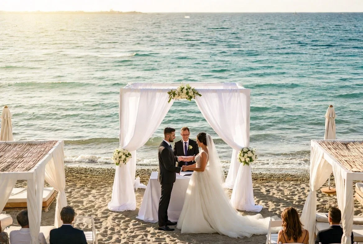 A private beach wedding ceremony in Puglia featuring a white floral arch and a celebrant, overlooking the turquoise sea at a luxury beach club.