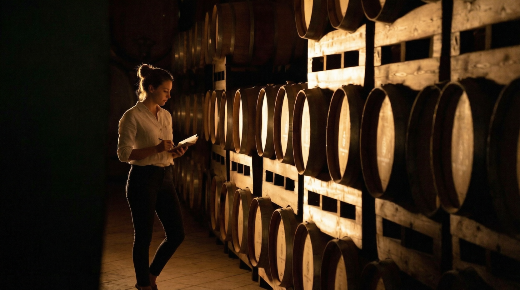 A woman standing in a dimly lit wine cellar, reading or taking notes with barrels stacked against the wall.