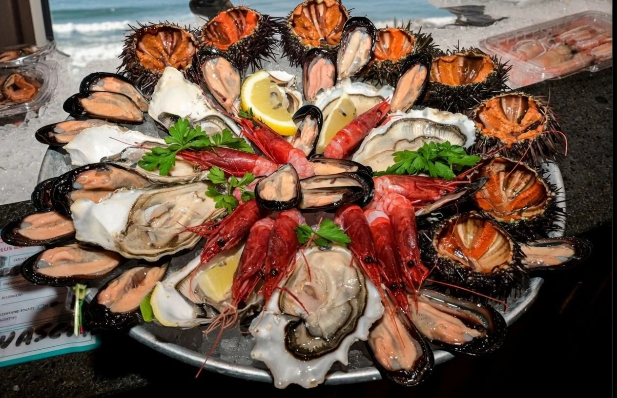 A colorful display of freshly caught Apulian raw seafood: sea urchins, mussels, and clams served on ice. The ultimate authentic culinary experience for seafood lovers in Puglia, Italy.