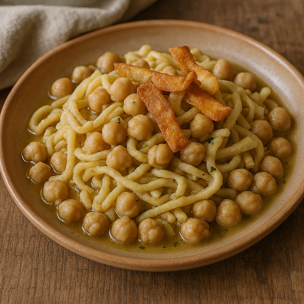A rustic bowl of authentic Ciceri e Tria, featuring soft pasta and creamy chickpeas topped with golden, crunchy fried 'tria'—a signature comfort food from Southern Puglia.