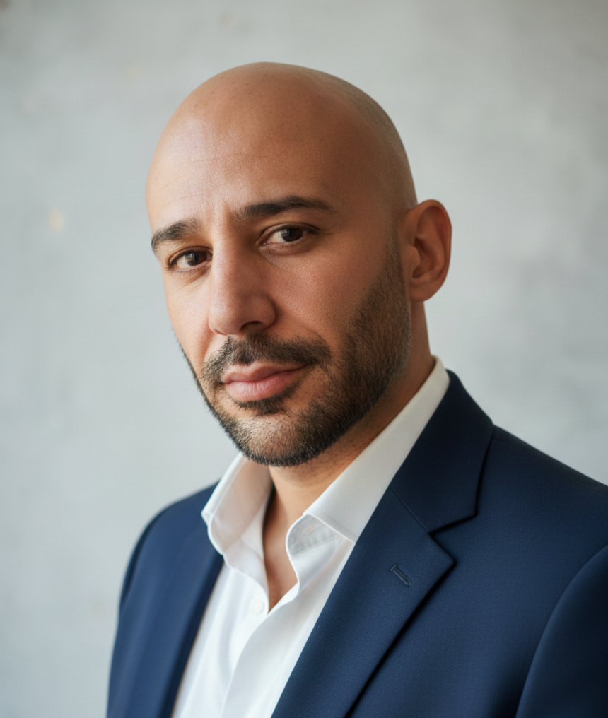 A bald man with a beard in a navy suit and white shirt looking at the camera against a plain background.