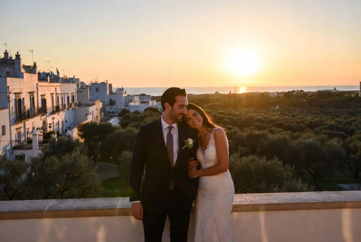 A romantic newlyweds couple embracing during the golden hour sunset in Puglia, with ancient olive groves and white Mediterranean buildings in the background.