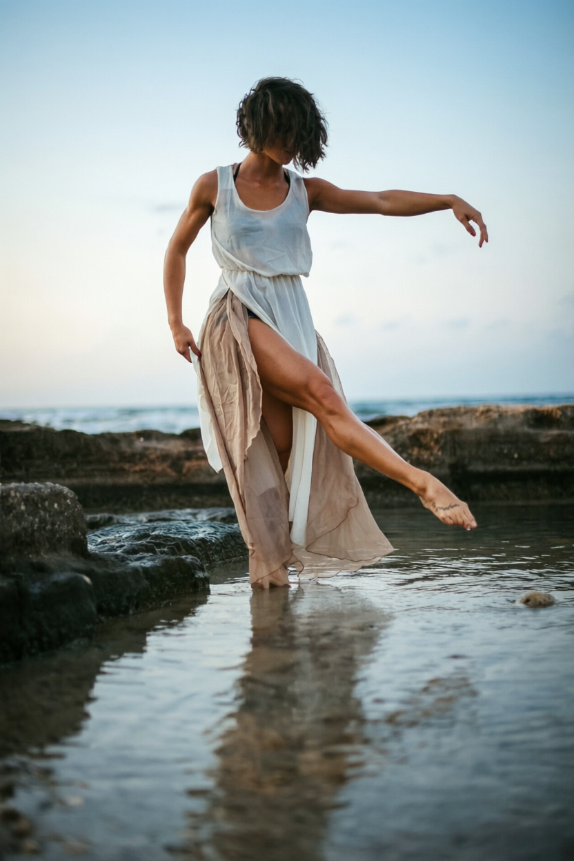A woman dancing on a Puglia beach at sunset, representing the traditional Tarantella and the elegant soul of Southern Italy.