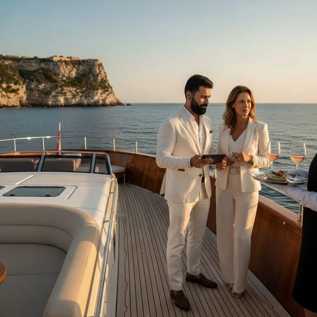 Private yacht concierge service in Puglia: elite couple enjoying drinks on a luxury boat charter. Puglia Gateway