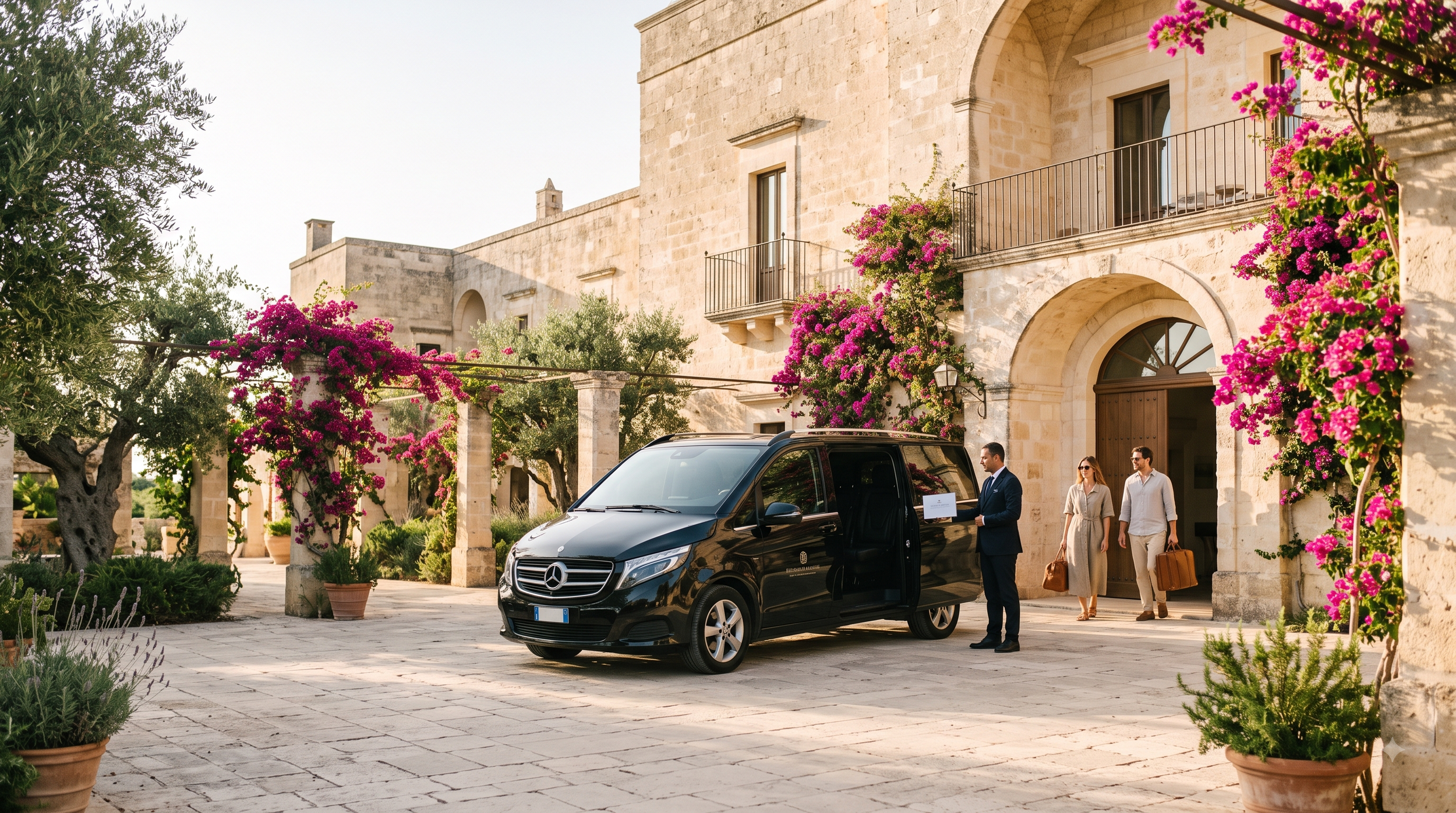 A black Mercedes-Benz van parked outside a historic stone building with three people nearby, amidst flowering pink bougainvillea and greenery.