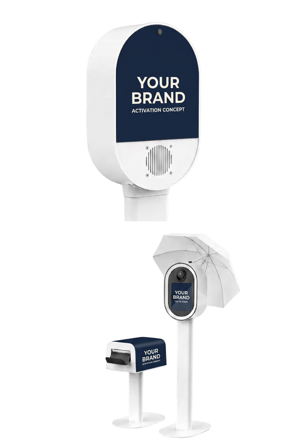 Illustrative Luxelle Editorial booth concept with branded artwork on the rear panel, with required equipment components left accessible