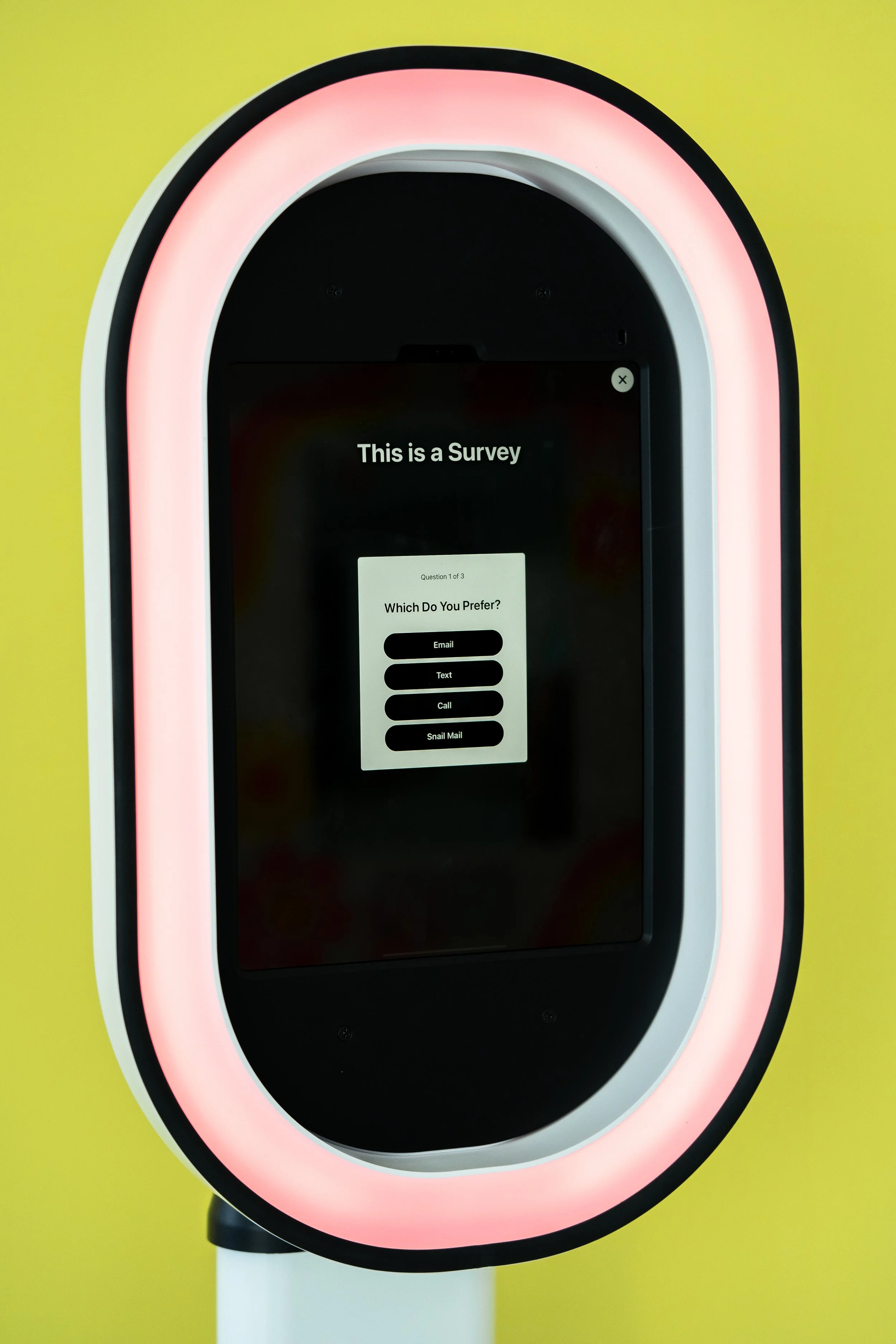 Luxelle interactive digital kiosk activation displaying a custom survey for corporate events and brand activations