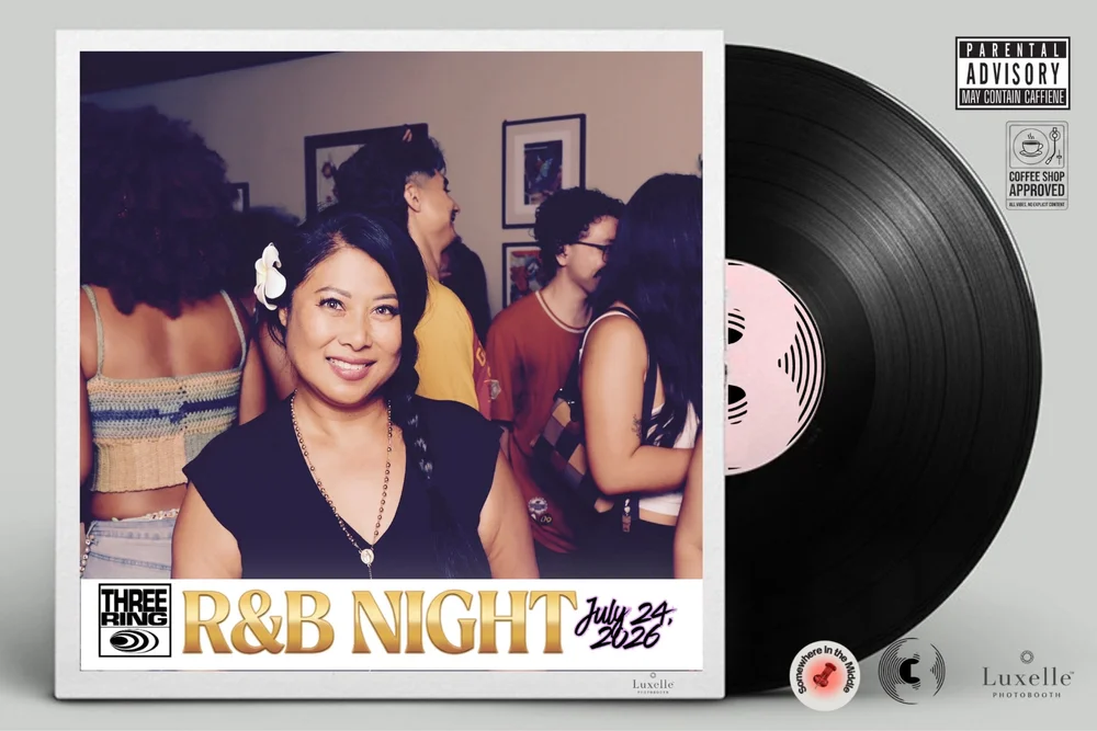 Finished R&B Vinyl Night photo output with vinyl-inspired design, event details, and partner marks, from Three Ring Coffee by Luxelle Photo Booth