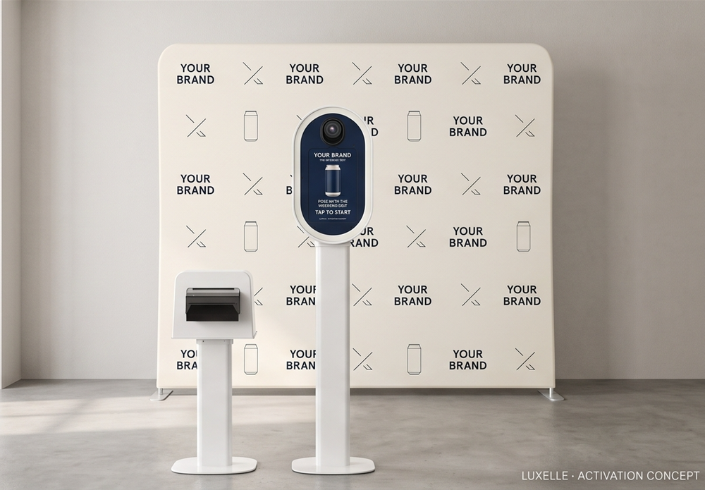 Illustrative Luxelle concept showing a custom branded Step and Repeat backdrop with a digital photo kiosk and print station