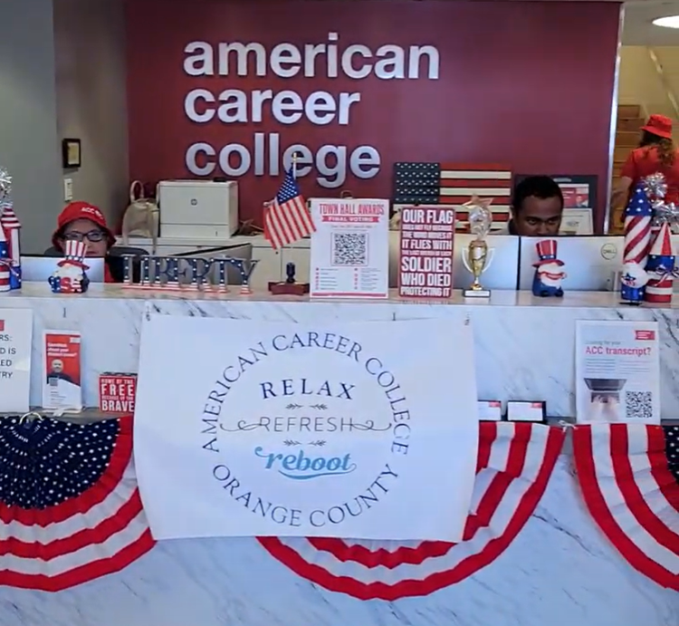 American Career College welcome area with Relax Refresh Reboot Town Hall branding matching the custom photo booth template