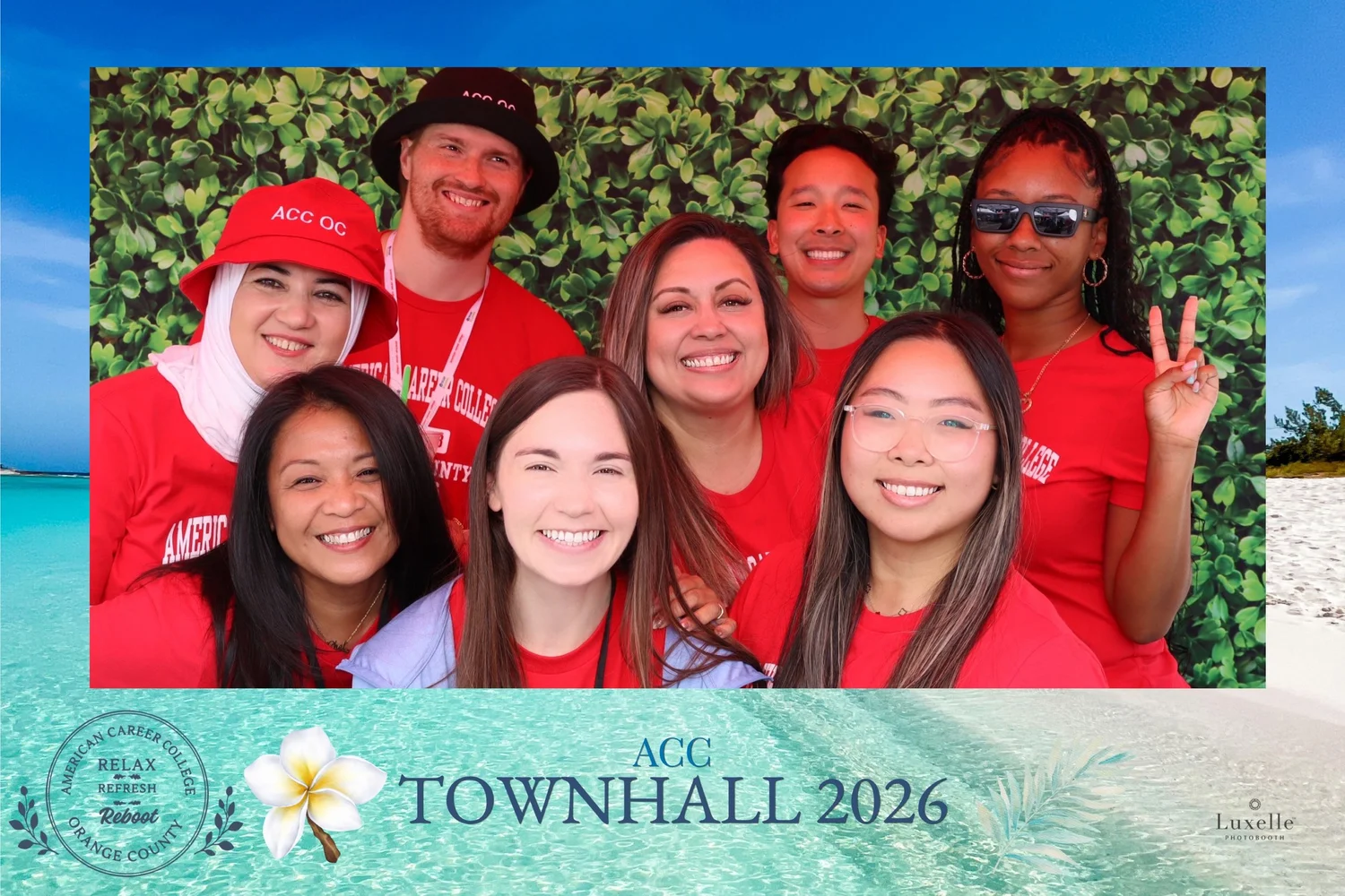 Large group portrait from the American Career College Town Hall in a branded event photo design