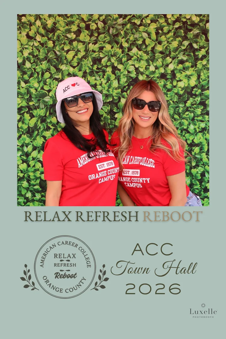 Guests in bucket hats posing for an American Career College branded event portrait