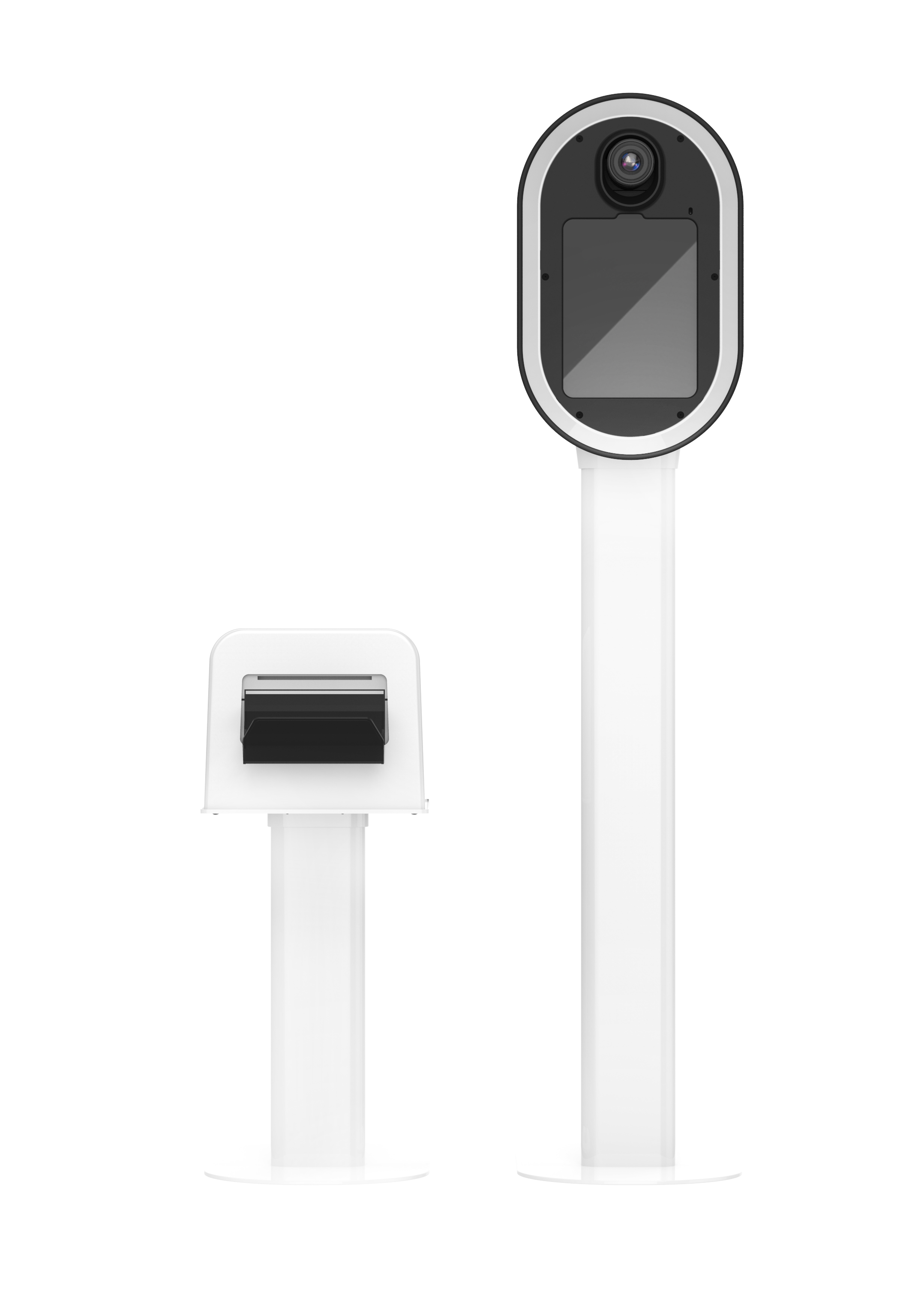 A sleek elegant white photobooth camera and photobooth printer provided by Luxelle against a white background.