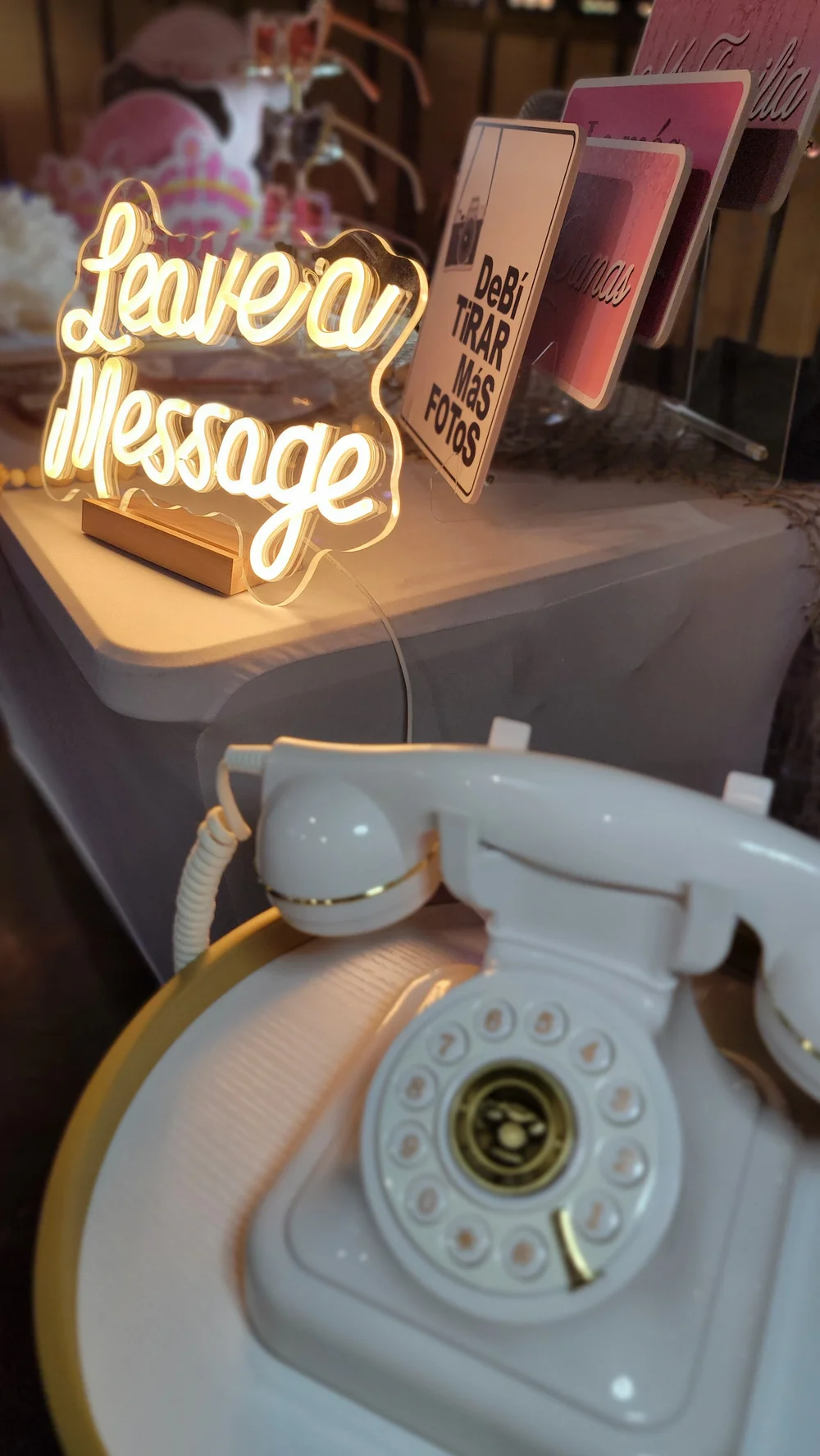 The audio guestbook handset and sign, ready for guests