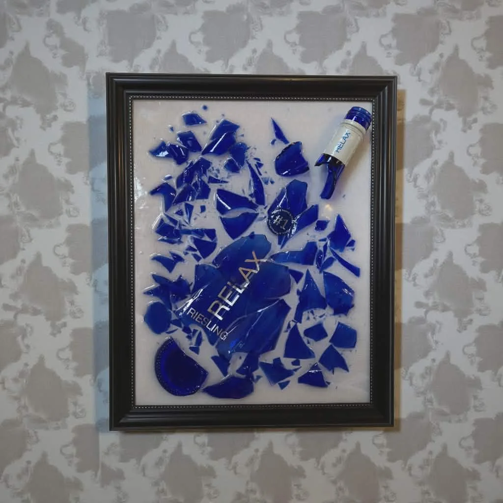 Framed Broken Wine Bottle Art with Relax Riesling 16x13"
