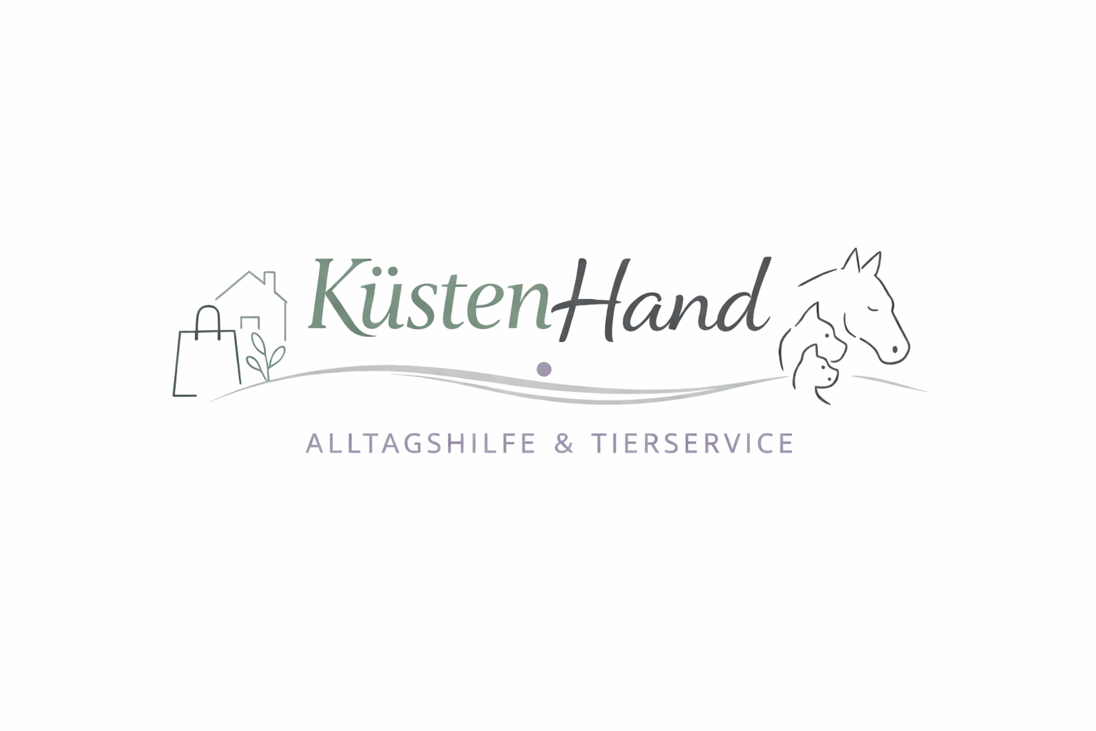 Logo mit dem Text 'KüstenHand', eine kleine Haus- und Einkaufstaschen-Illustration, ein Pferd und ein Hund, sowie der Untertitel 'AlltagsHilfe & Tierservice'.