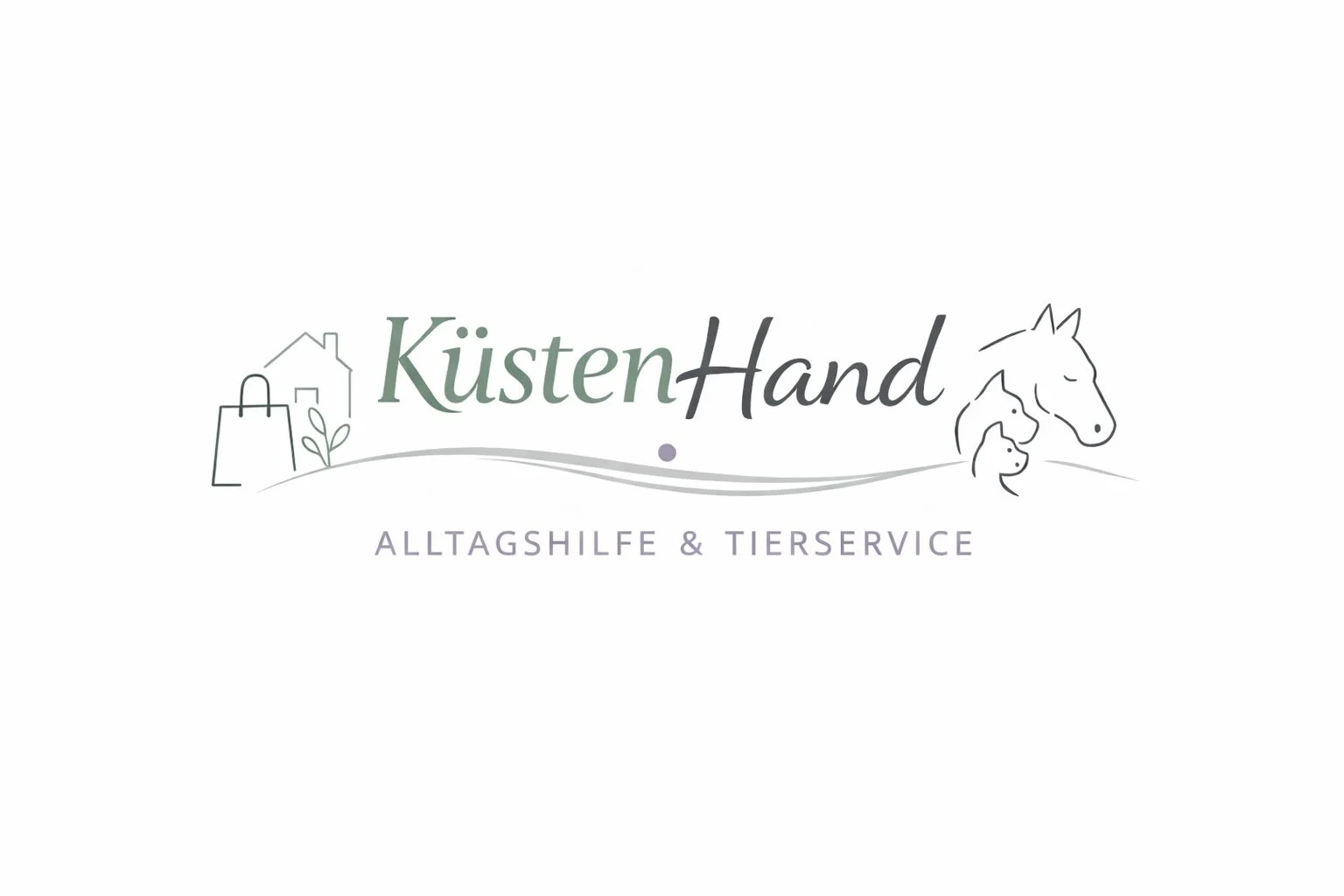 Logo von KistenHand, mit Hund, Pferd, Haus und Einkaufstasche in minimalistischer Liniengrafik, Text 'KistenHand', und der Slogan 'Alltagshilfe & Tierservice'