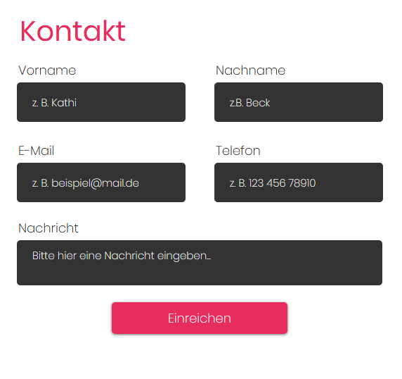 Kontaktformular mit Feldern für Vorname, Nachname, E-Mail, Telefon und Nachricht, sowie einem pinkfarbenen Absenden-Button.