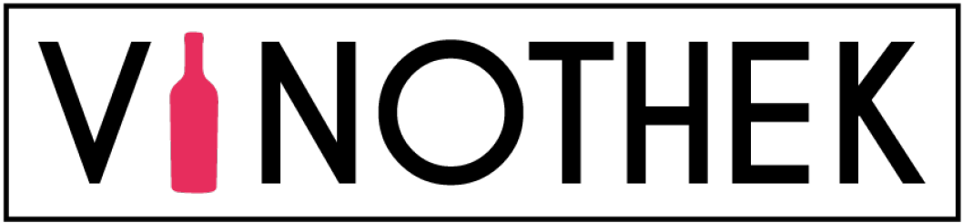 Logo mit der Aufschrift 'Vinothek' und einer rosa Weinflasche als Buchstabe I.