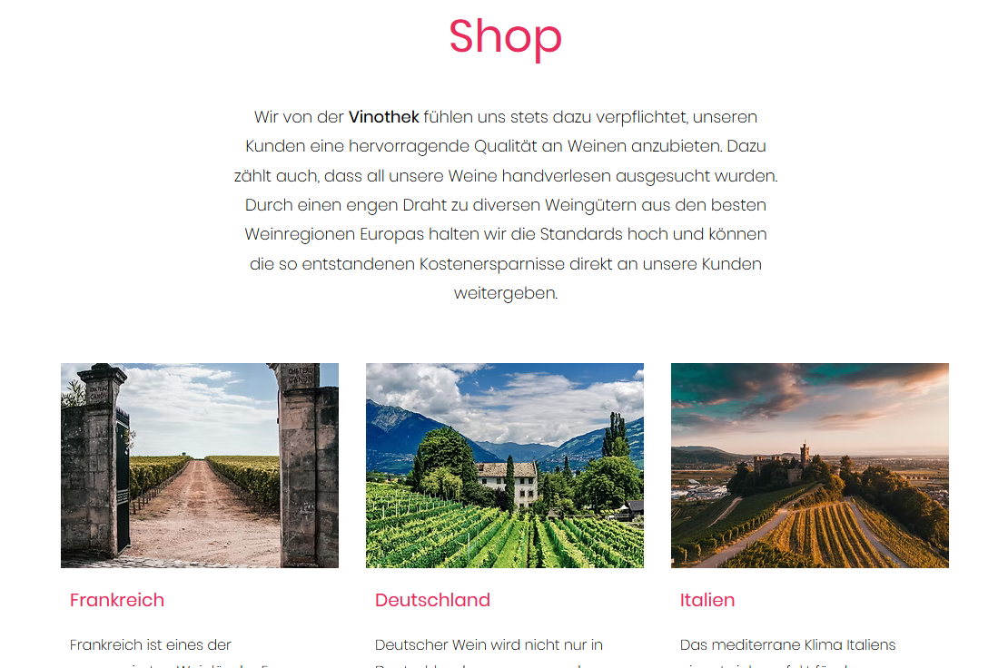 Informationsseite für einen Weinhändler mit Text und drei Fotos von Weinbergen in Frankreich, Deutschland und Italien