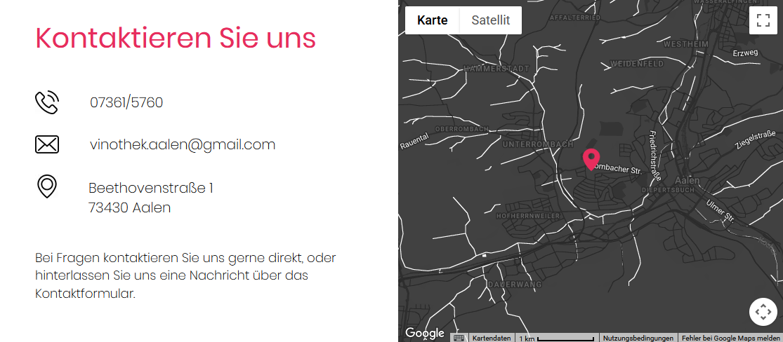 Kontaktinformationen für eine Telefon- und E-Mail-Adresse sowie einen Standort in Aalen, Deutschland, neben einer Karte, die das Bevorzugungsgebiet zeigt.