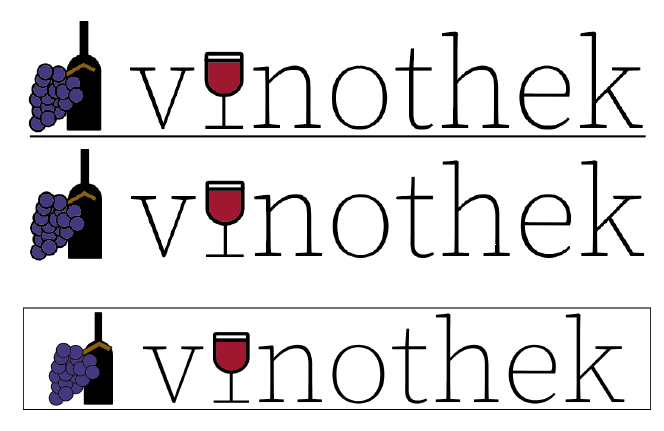 Illustration mit dem Text 'vinothek' und Symbolen von Weinflaschen und Gläsern.