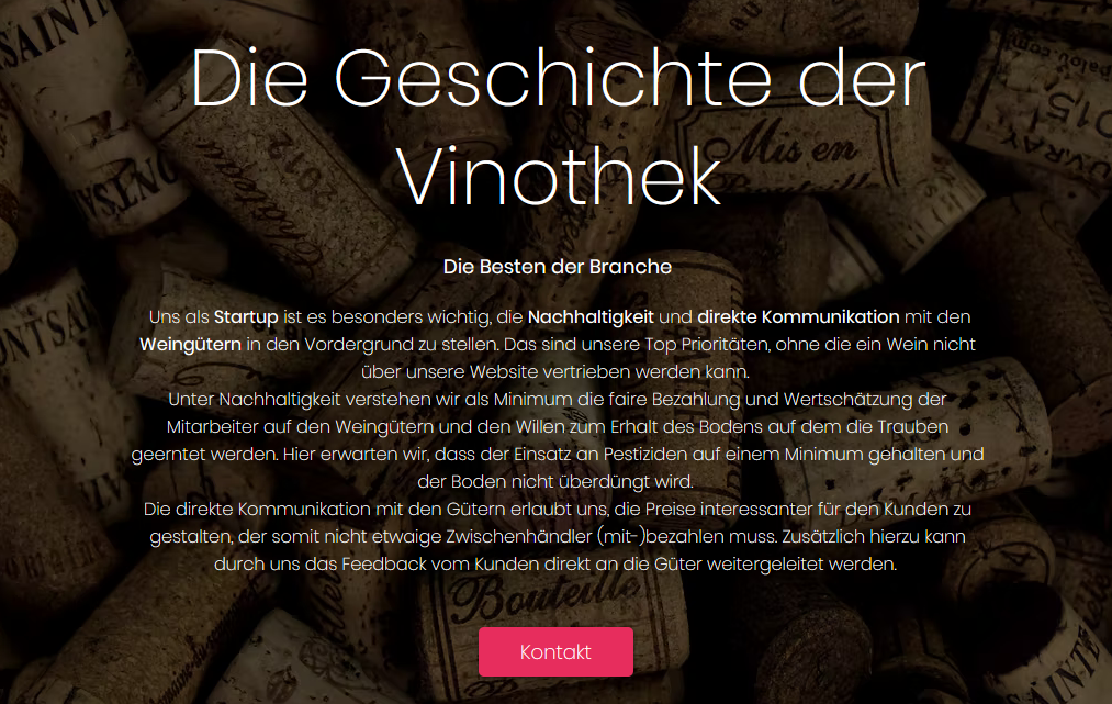 Hintergrund mit Weinkelchen und Text über die Geschichte der Vinothek, die Bedeutung von Nachhaltigkeit und direkter Kommunikation.