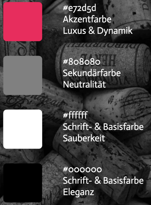 Bild mit Farbpalette neben Weingläsern und Weinflaschen, Farben: Akzentfarbe (rot), Sekundärfarbe (grau), Schrift- und Basisfarbe Sauberkeit (weiß), Schrift- & Basisfarbe Eleganz (schwarz).